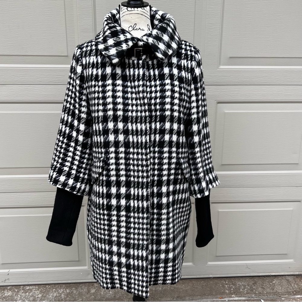 COLE HAAN HOUNDSTOOTH PLAID WOOL LONG  PEACOAT SIZE 10